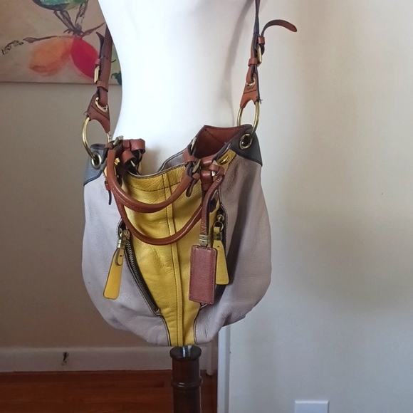 OrYany handbag hobo large genuine leather color block yellow taupe brown - Picture 2 of 10